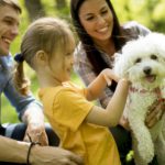 Beautiful happy family is having fun with bichon dog outdoors