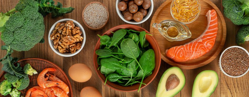 Close up of Omega 3 rich foods on wooden table, directly above.